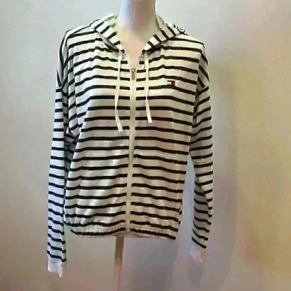 NWT! TOMMY HILFIGER Hooded Jacket/Sweatshirt/Hoodie Navy/White Stripe Size Large - Picture 3 of 16